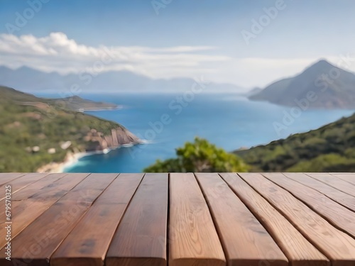 Wooden table on the background of the sea, island and the blue sky © Shrimpers Design