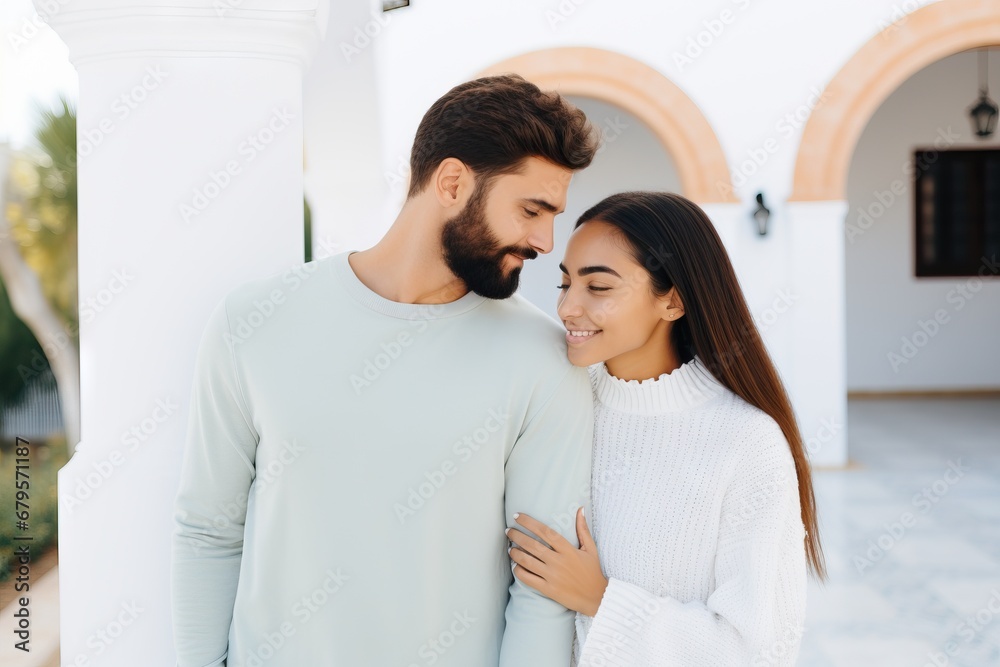 A loving couple shares a tender moment at a bright home entrance A loving couple shares a tender moment at a bright home entrance