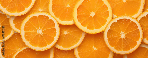 Orange sliced background. Oranges cut on orange table.