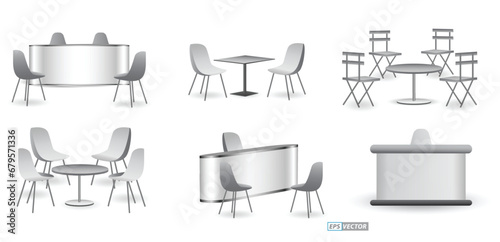 set of realistic trade exhibition chair and table or white blank exhibition kiosk or stand booth corporate commercial. 3D Render