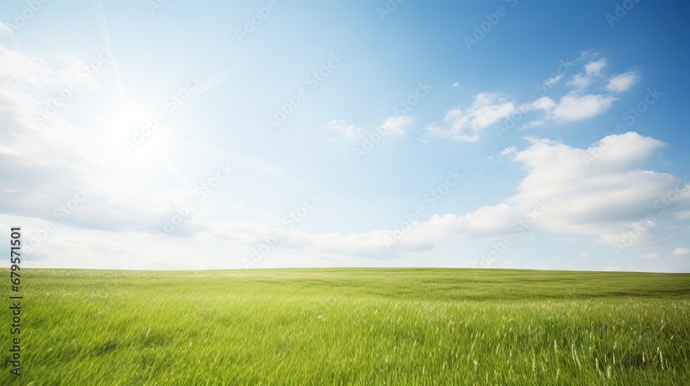 Panoramic view of a vibrant green hill under a bright and clear blue sky