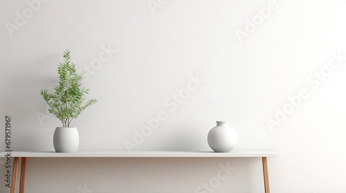 Empty white table on white wall background. High quality photo 