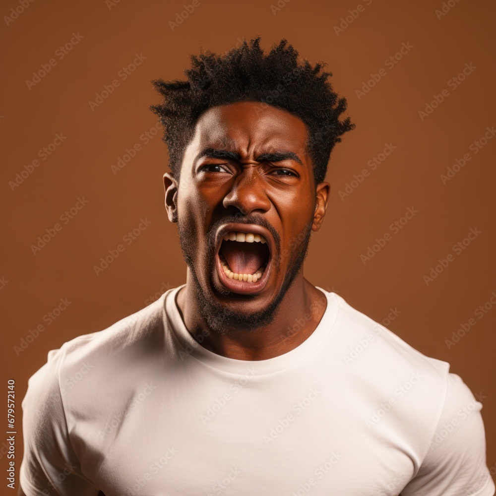 Photo of emotional screaming young black man with closed eyes standing isolated over colorful brown studio background, closeup shot. Human emotions, facial expression concept Photo of emotional screaming young black man with closed eyes standing isolated over colorful brown studio background, closeup shot. Human emotions, facial expression concept