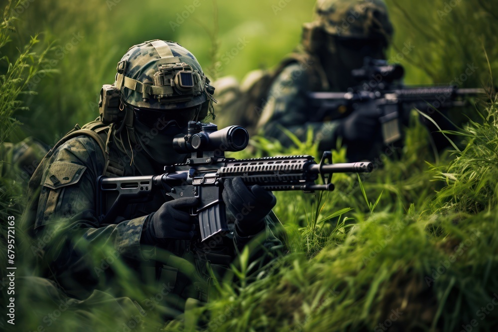 Group of soldiers special forces during the raid in the forest Group of soldiers special forces during the raid in the forest