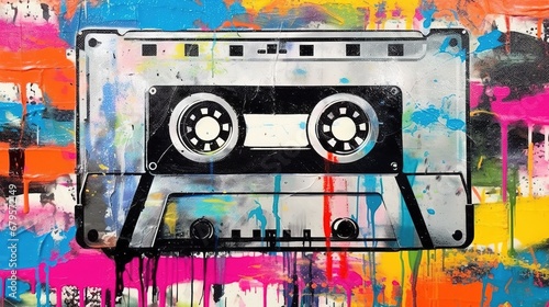 Generative AI, Grunge audio tape cassette, pop art graffiti, vibrant color. Ink melted paint street art on a textured paper vintage background 
