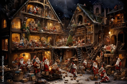 Santa's Workshop, bustling with elves making toys. © OhmArt