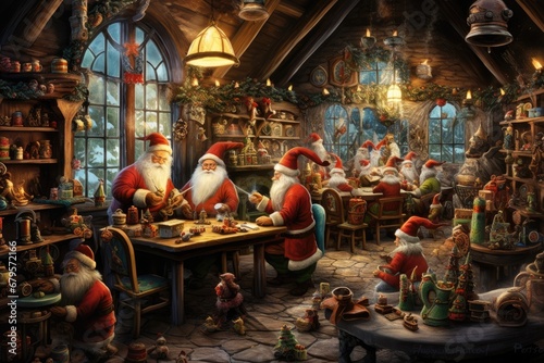Santa's Workshop, bustling with elves making toys. photo