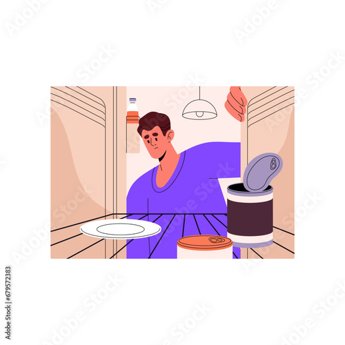 Sad poor man looking in empty fridge inside view. Upset needy person with nothing to eating at home. Food deficit on refrigerator shelves. Poverty, starving, hunger concept. Flat vector illustration