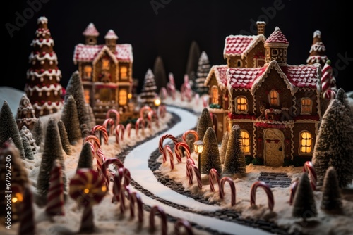 Gingerbread village with candy cane lampposts.