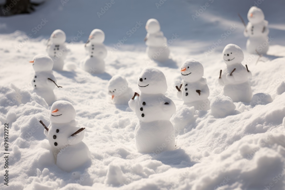 Snowman army preparing for a snowball fight. Snowman army preparing for a snowball fight.
