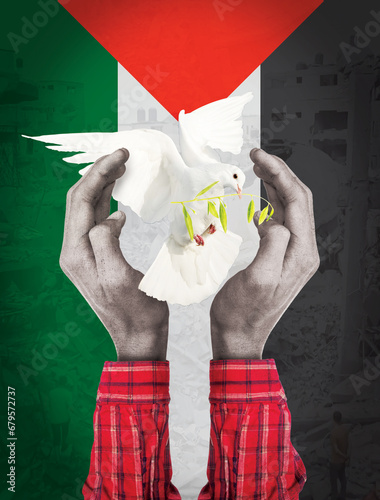 White dove extending an olive branch. Hands embracing peace. A world without war. Persecution. Palestine flag background. The war in Gaza territory. Contrast of views on state and terrorism. (ID: 679572737)