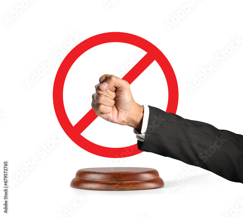 Law solves the problem. Human rights. The man hits his hand on the gavel of justice. The boycotting man clenched his fist. Rule of law. Constitutional state. White background. (ID: 679572765)
