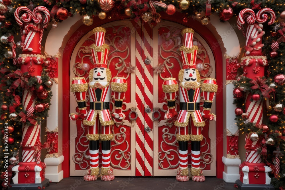 Fototapeta premium Nutcrackers standing guard at a candy cane gateway.