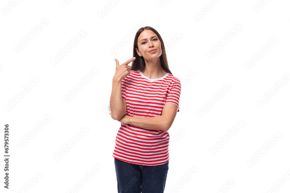 charming pretty 35 year old european lady in a red striped t-shirt on a white background with copy space charming pretty 35 year old european lady in a red striped t-shirt on a white background with copy space