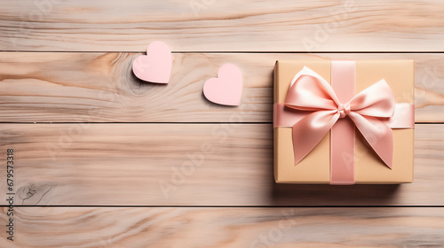 Gift box with a light pink bow on a light colored wooden background. A gift for Valentine s Day or birthday.