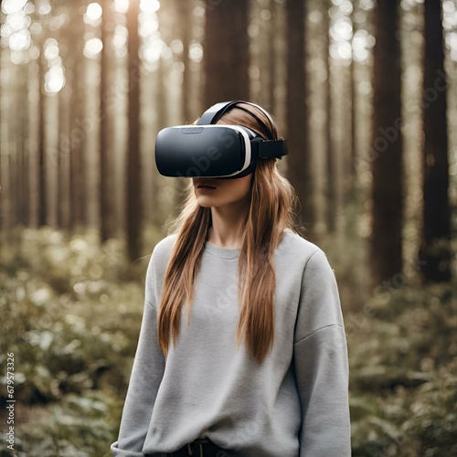 Technology photo of a girl wearing virtual reality headset in a strange place | VR Adventure