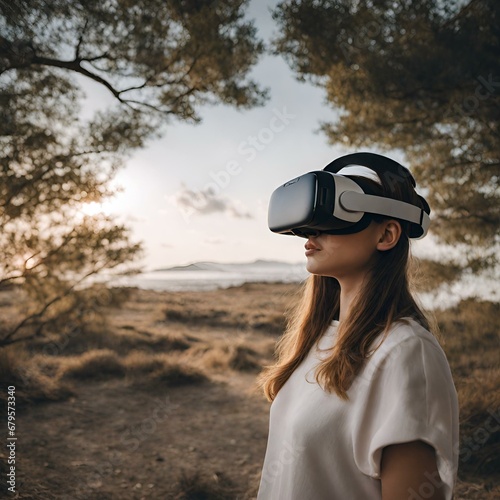 Technology photo of a girl wearing virtual reality headset in a strange place | VR Adventure