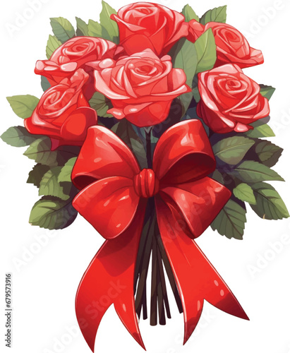 A bouquet of red roses with a bow, in the style of colored cartoon style, ivory on white background