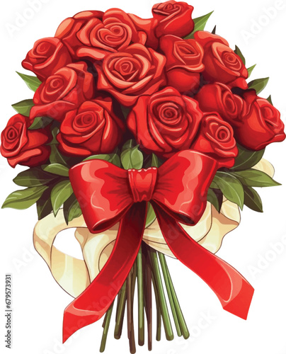 A bouquet of red roses with a bow  in the style of colored cartoon style  ivory on white background