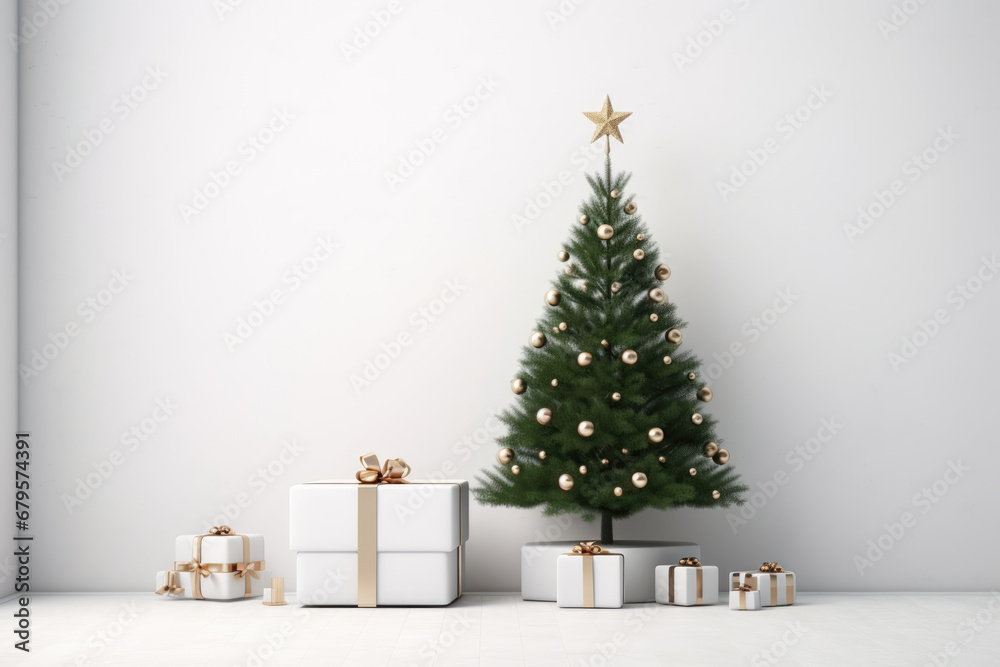 Christmas tree, presents, gifts and decoration in modern living room. White mockup wall. Festive Christmas and New year background