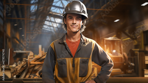 Hombre trabajador de pie con los brazos en jarra y casco en la cabeza, posando con ropa de trabajo en su puesto de trabajo en una nave industrial