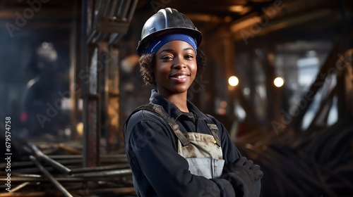 Ingeniero mujer afroamericana sonriendo de pie y con brazos cruzados y  casco con ropa de trabajo posando en un taller de metal industrial photo