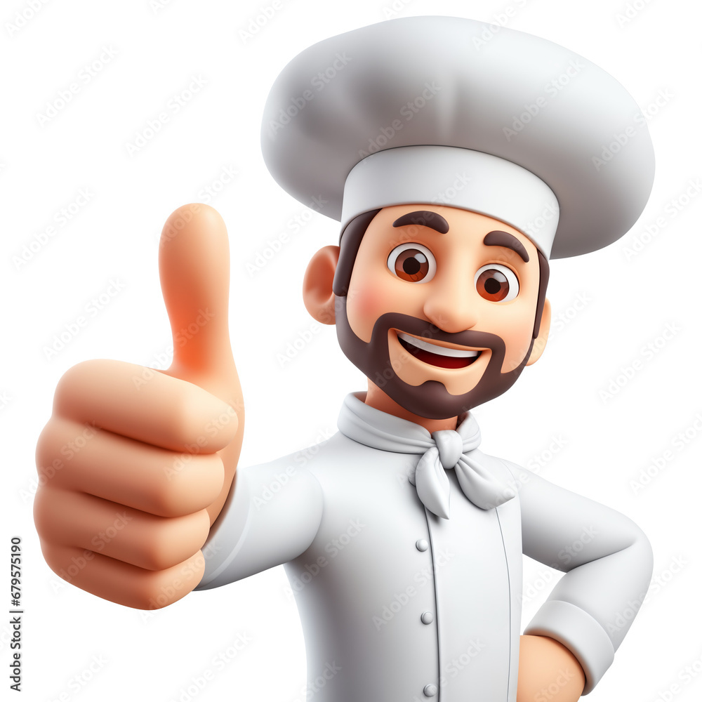 Mustache chef 3d style character showing thumbs up, isolated, transparent PNG Mustache chef 3d style character showing thumbs up, isolated, transparent PNG