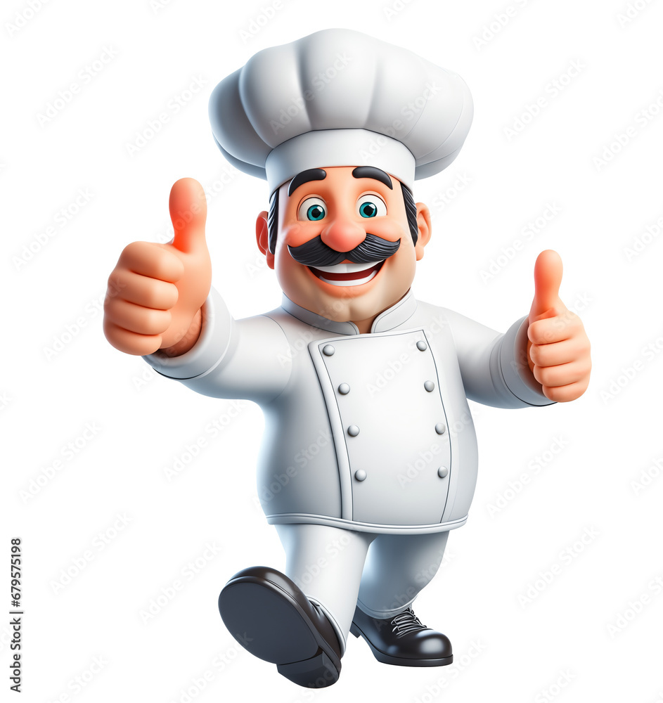 Mustache chef 3d style character showing thumbs up, isolated, transparent PNG Mustache chef 3d style character showing thumbs up, isolated, transparent PNG