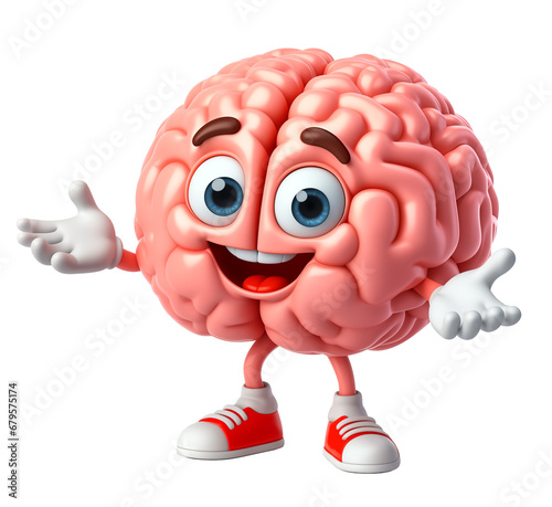 Happy smiling brain, cartoon character, 3d style, isolated, transparent PNG
