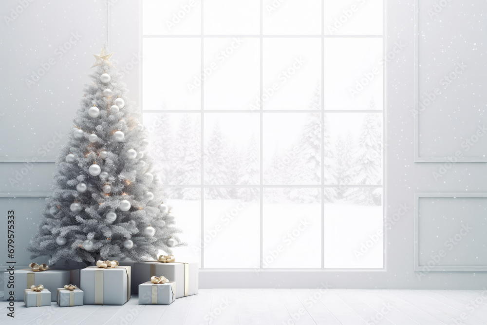 Christmas tree, presents, gifts and decoration in modern living room. White mockup wall. Festive Christmas and New year background Christmas tree, presents, gifts and decoration in modern living room. White mockup wall. Festive Christmas and New year background