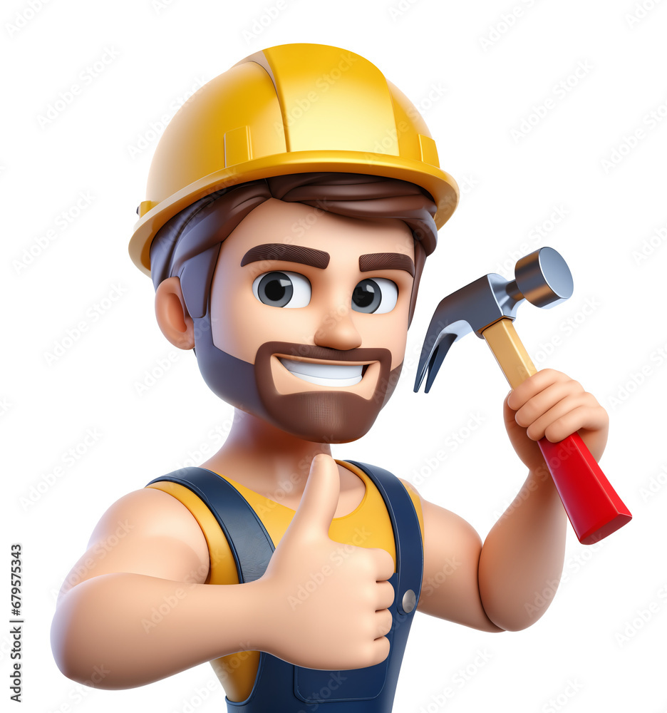 Smiling builder cartoon character, showing thumbs up, 3d style, isolated, transparent PNG Smiling builder cartoon character, showing thumbs up, 3d style, isolated, transparent PNG