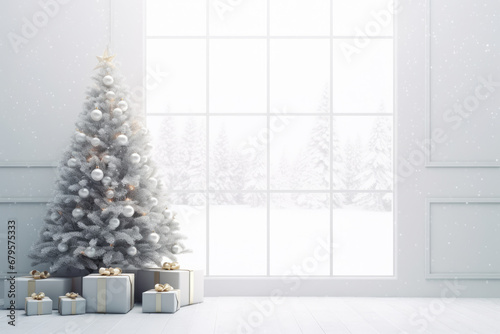Christmas tree, presents, gifts and decoration in modern living room. White mockup wall. Festive Christmas and New year background © jchizhe