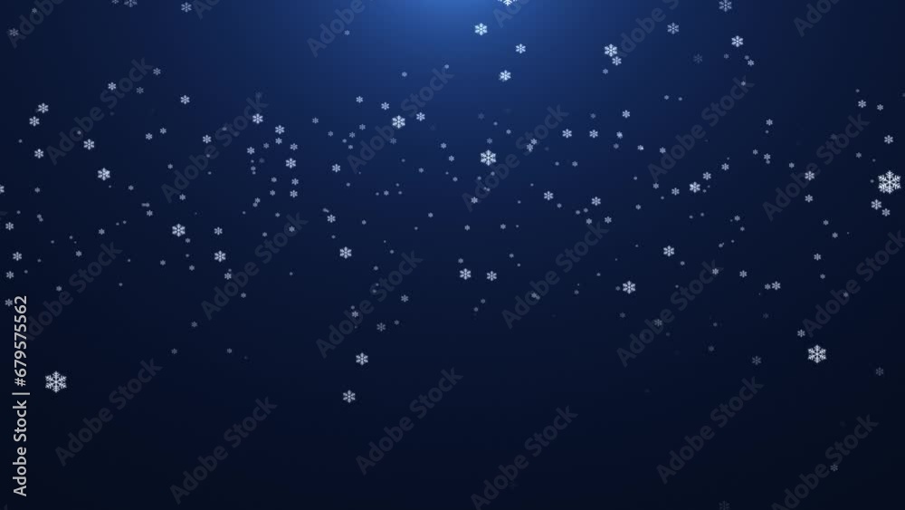 Flying snow and snowflakes on a blue background. 4K motion graphics. snowfall overlay, background - winter, effect of slowly falling snow. Abstract snowflakes. seamless loop. winter weather animation.
