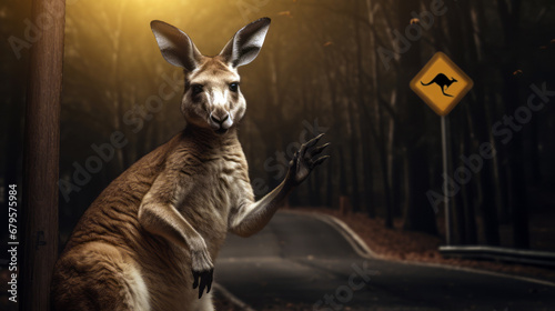 kangaroo by a road, pointing to kangaroo sign