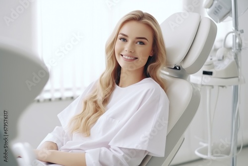 European woman smiling happily while sitting in medical chair at dental clinic. AI Generated