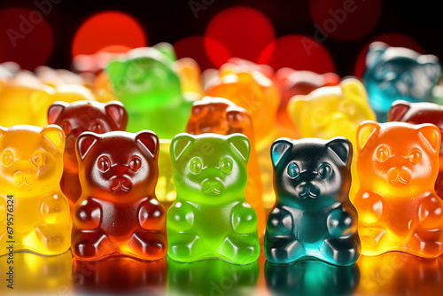 Closeup view of gummy bears different colors. Generative AI photo