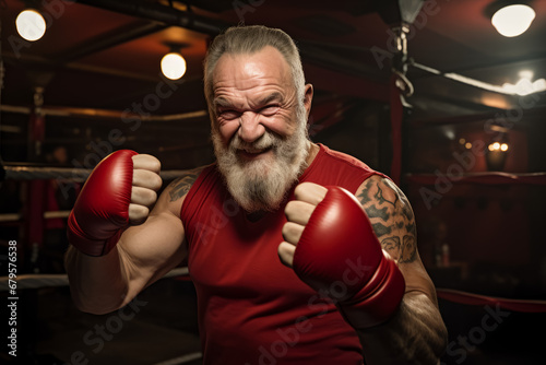 Gray-haired senior man boxing while working out on gym © zamuruev