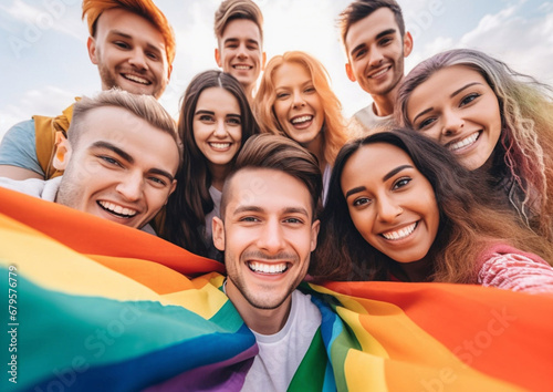Young happy people from LGBT community taking selfie and holding rainbow flag.Macro.AI Generative.