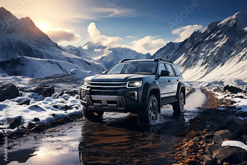 4x4 SUV on background of a landscape with mountains with snow in winter. Traveling off-road by car