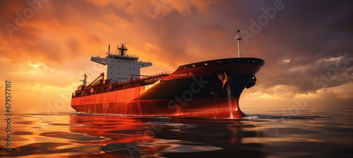 Big lng tanker ship sailing across serene ocean at sunset concept of international fuel industry