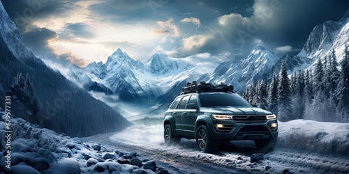 4x4 SUV rides on adventure journey in mountains in winter off-road with snow and snowdrifts photo