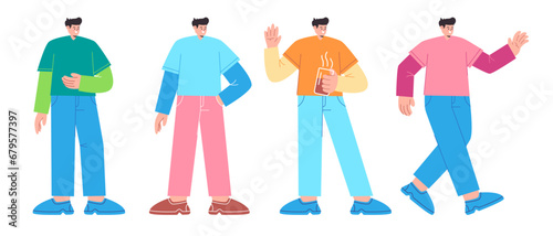 Man pose set collection wearing casual style colorful fashion walking standing flat illustration