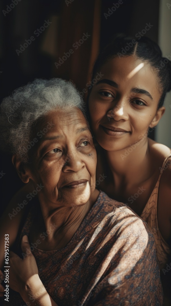 Two women embracing in a room. Elderly care concept. Generative ai Two women embracing in a room. Elderly care concept. Generative ai