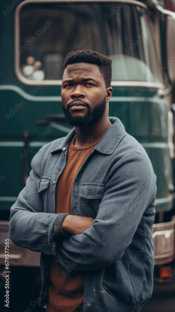 HyperRealistic photo of man standing in front of a truck. Generative ai