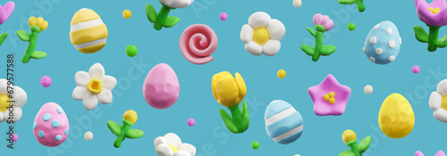 Easter seamless pattern, realistic 3D vector illustration, plasticine art