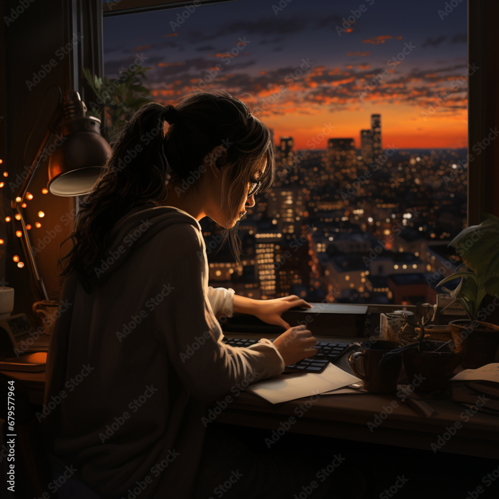 Young woman working on laptop at night in cafe. Freelance work concept,Generative AI