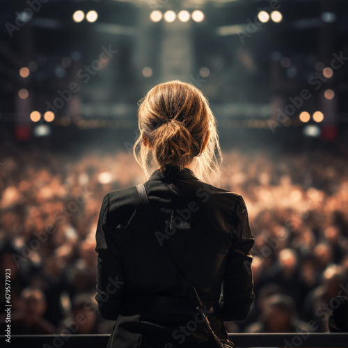 Back view of a young woman standing in front of a crowd at a concert,Generative AI