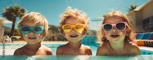 Three funny kids in sunglasses on the edge of swimming pool. Summer holiday children photo.