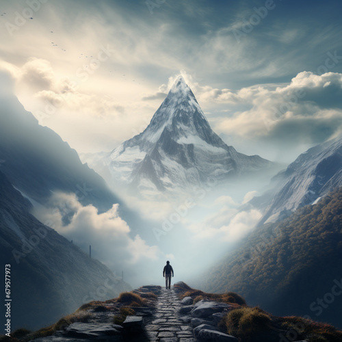 Man walking on the path to mount Matterhorn in the clouds,Generative AI © 은호 이