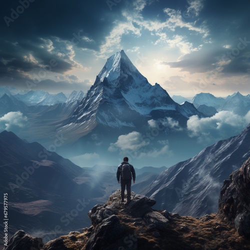 Man walking on the path to mount Matterhorn in the clouds,Generative AI